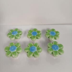 Set of 6 Porcelain Flower Drawer Knobs Green Blue Cabinet Pulls 1" No Screws
